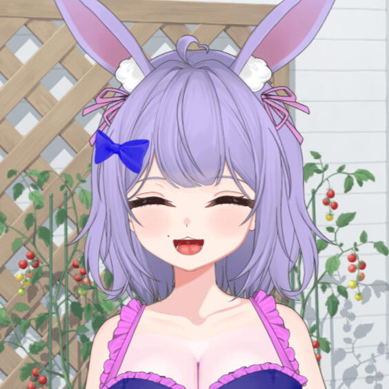 Portrait of digital creator Cinnabunnyr0ll with split-dye purple and black hair. She is wearing a purple sweater, lavender ribbons, and white fluffy bunny ears while smiling and making a peace sign against a deep purple background.